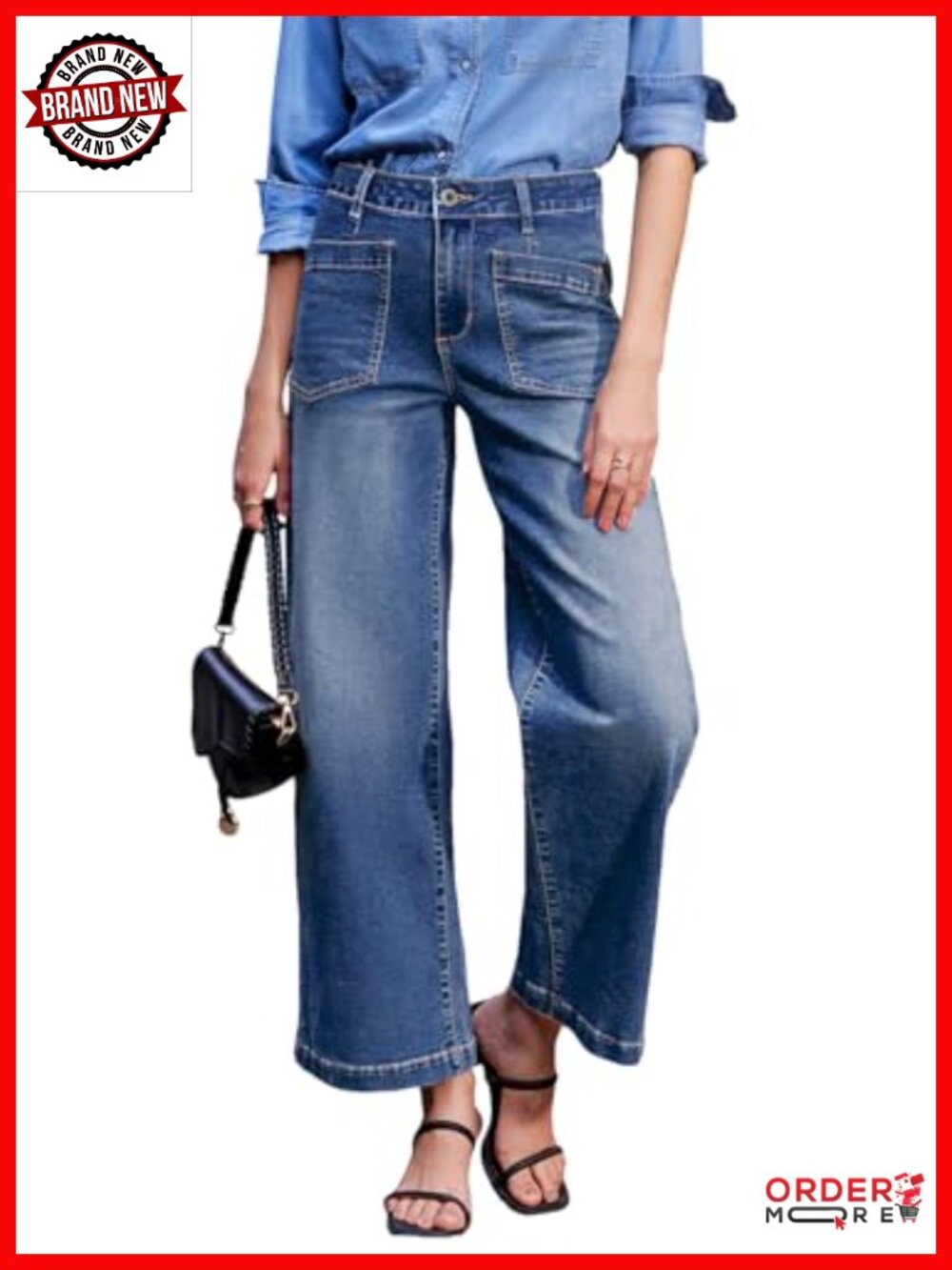 Women's High Waisted Wide Leg Stretch Denim Jeans Ankle Length with Pockets